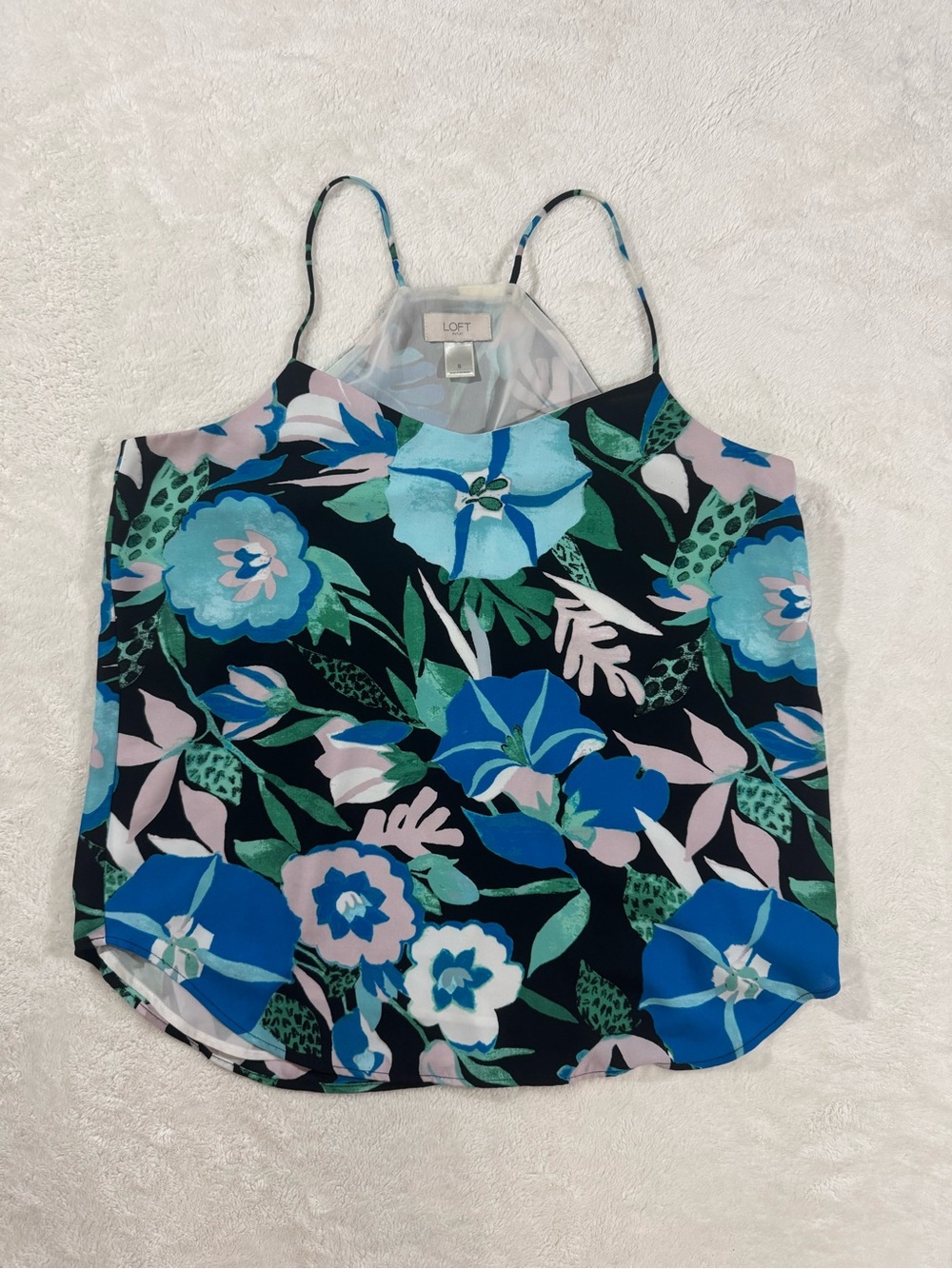 LOFT Floral Print Sheer Yoke Cami Tank Top Blue Green Pink Black S